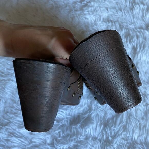 Ana Brown Leather Heeled Mule Clog Studded Shoes Size 7.5 M - Picture 7 of 11